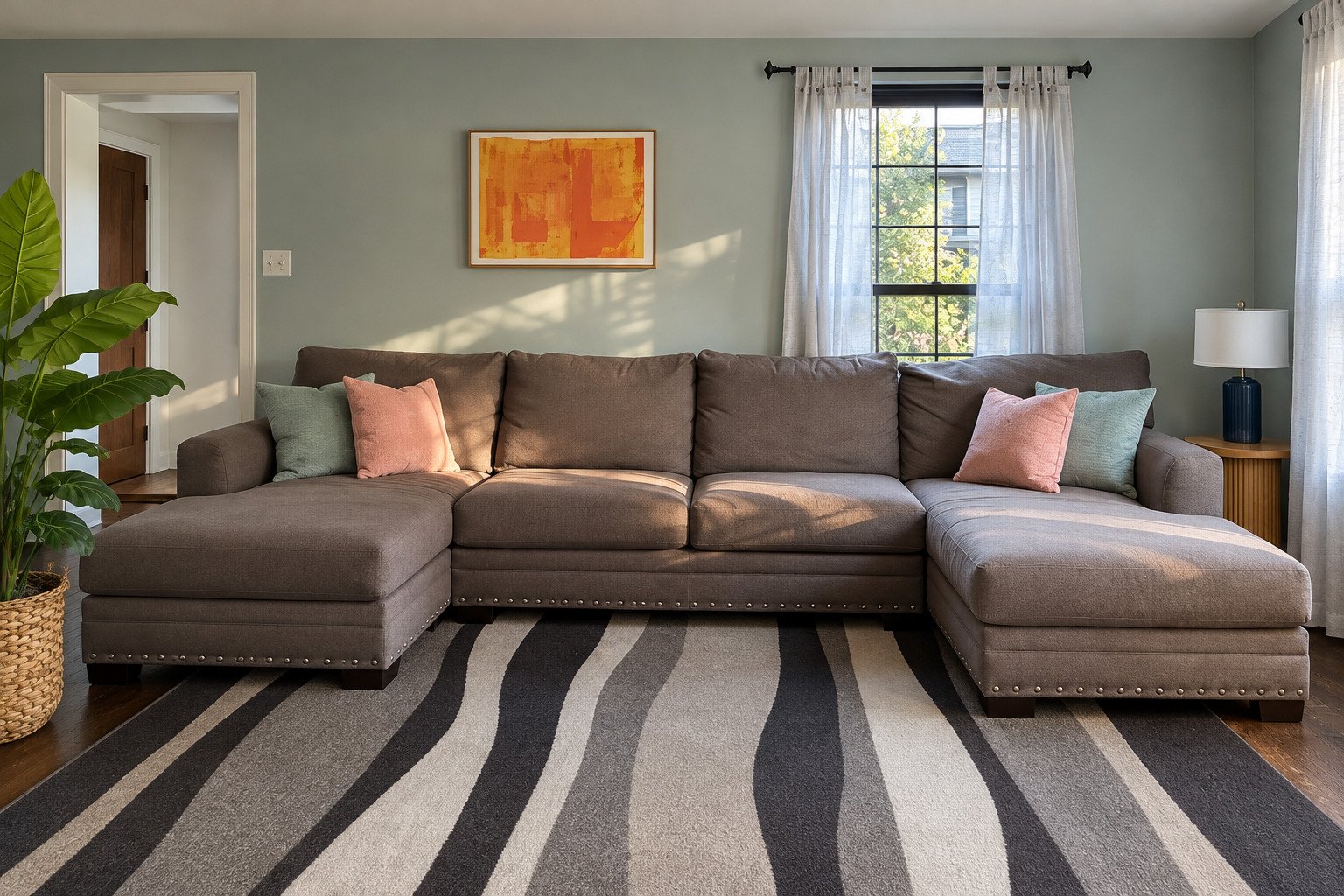 The living room sectional has room for the whole family on movie night.