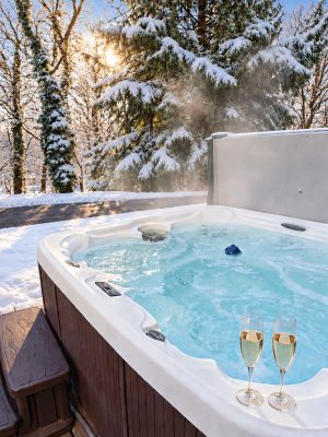 The private hot tub on a snowy night. It's open all year.