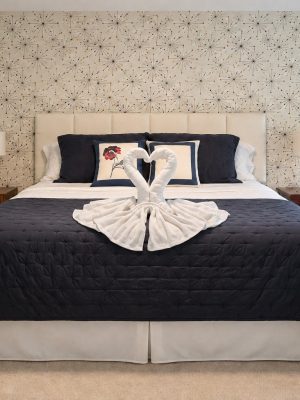 The primary bedroom and its king bed.