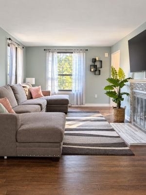 The living room, with a stone fireplace, a full bookcase and plenty of seating.